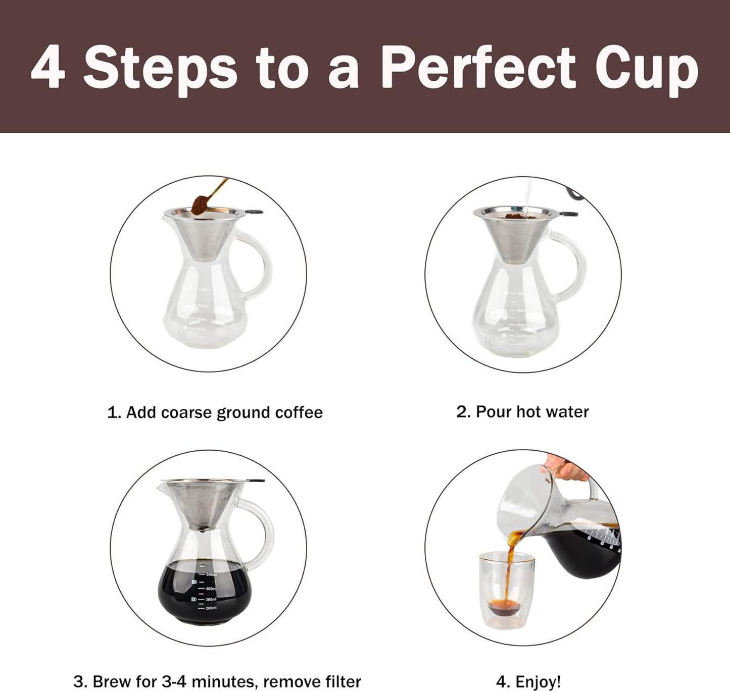 T-mark Pour Over Coffee Maker with Reusable Double-layer Stainless Steel Filter, 600ml/20oz BPA-Free Glass Coffee Carafe, Glass Coffee Maker, Coffee Dripper Brewer