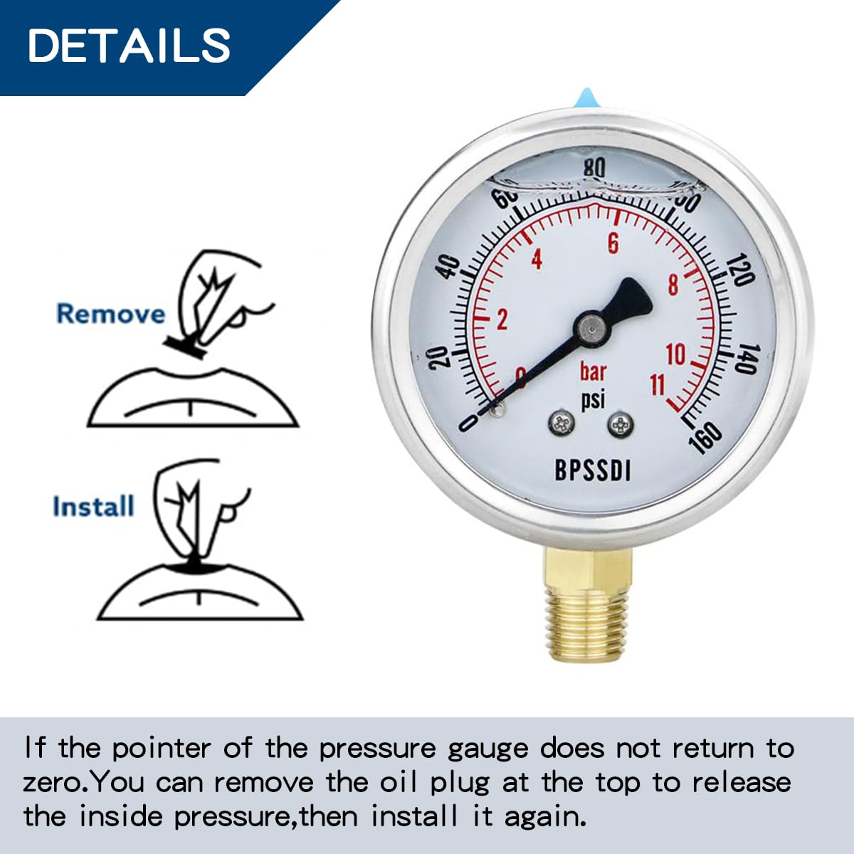 0-160 Psi Glycerin Liquid Filled Low Pressure Gauge, 2.5" Dial Size, 1/4" NPT Lower Mount, 304 Stainless Steel Case, for Water Pump, Pneumatic Air, RV Hose, Gas Pressure Test