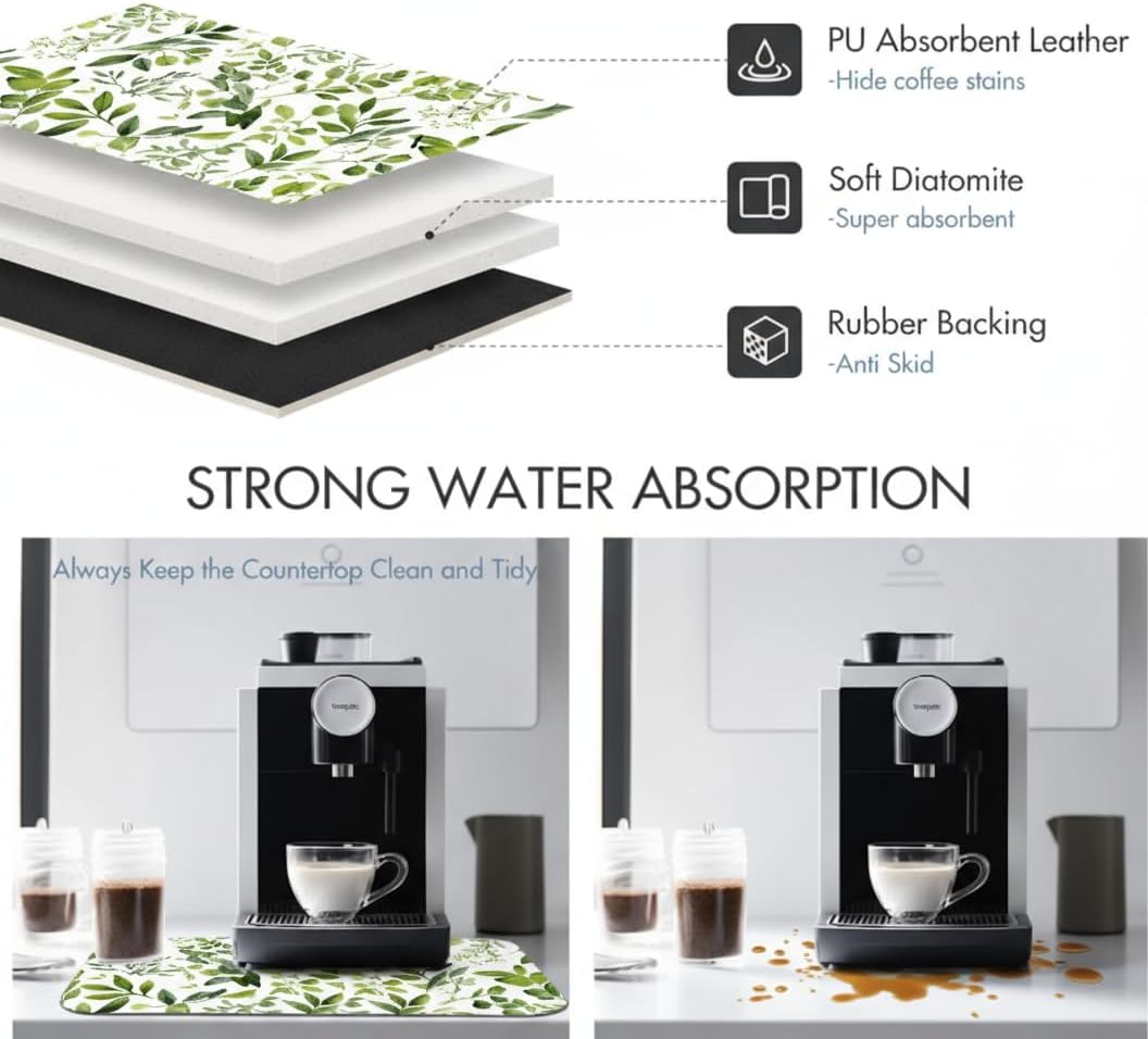 Dish Drying Mat Super Absorbent – 16" x 18" Coffee Mat for Countertops – Non-Slip Drying Mat for Kitchen Counter – Easy to Clean Water Absorbent Mat – Quick Dry Dish Mats (Green Leaves)