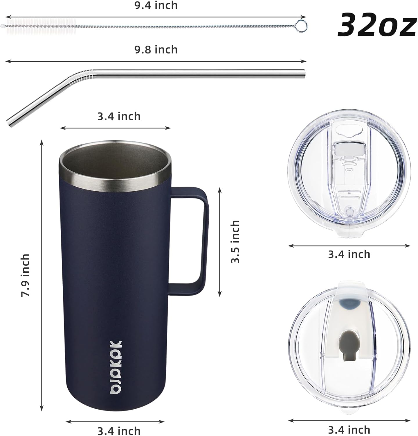 BJPKPK Insulated Coffee Mug with 2 Lids, 32oz Stainless Steel Insulated Tumbler with Handle, Double Wall Vacuum Coffee Cups, BPA Free Travel Mug for Coffee, Tea and Drinks, Navy Blue