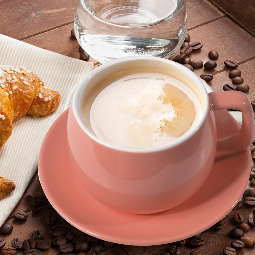 Porcelain Coffee Cup with Saucer 270ml/9oz, Minimalist Design, Perfect for Latte, Cappuccino, and Tea, Pink