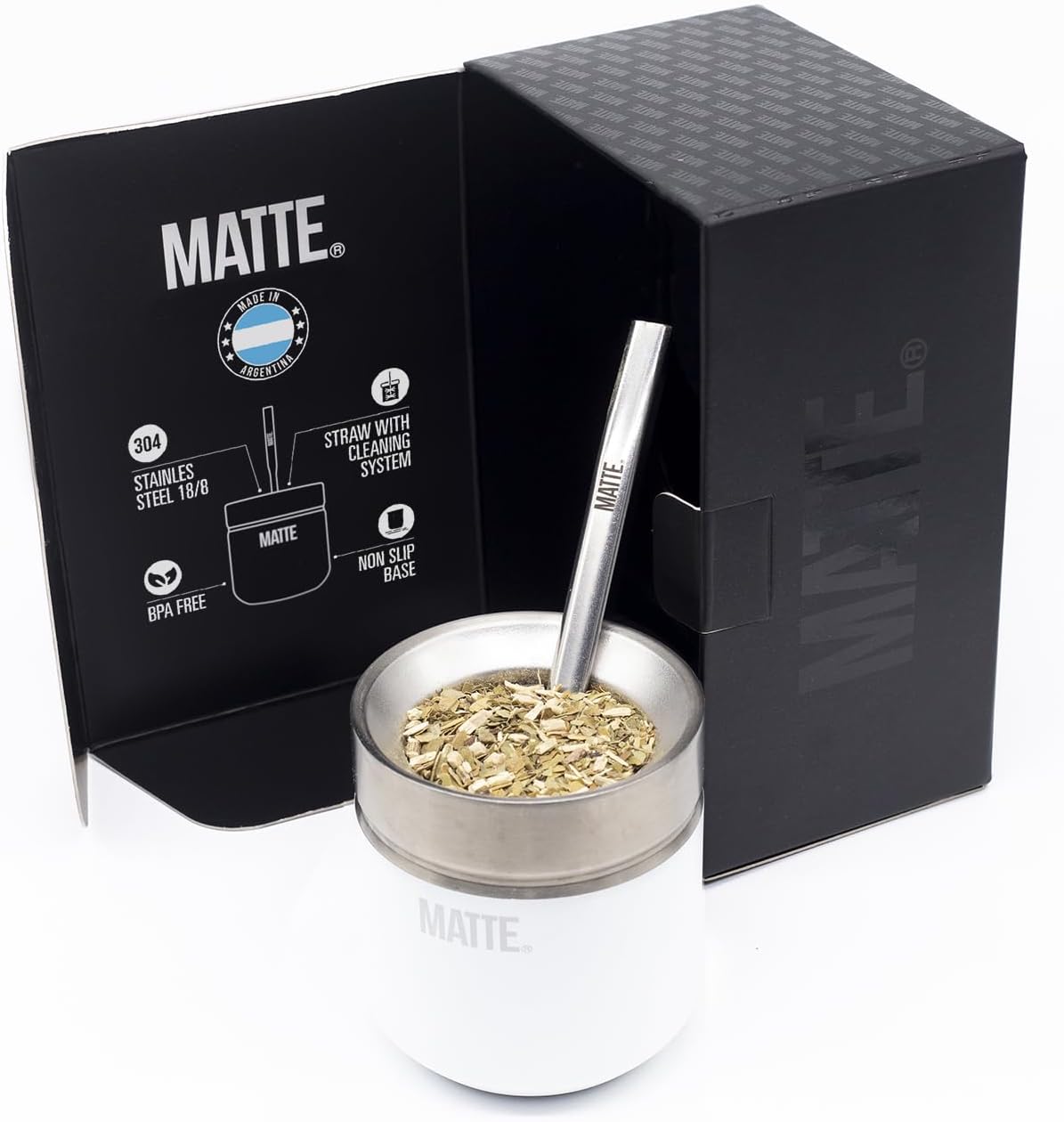 Matte 6.5 oz Yerba Mate Gourd and Bombilla Set - Includes DS Pro Box - BPA Free Yerba Mate Set Kit with Mate Straw, Elegant Design, Non-Slip Base (White)