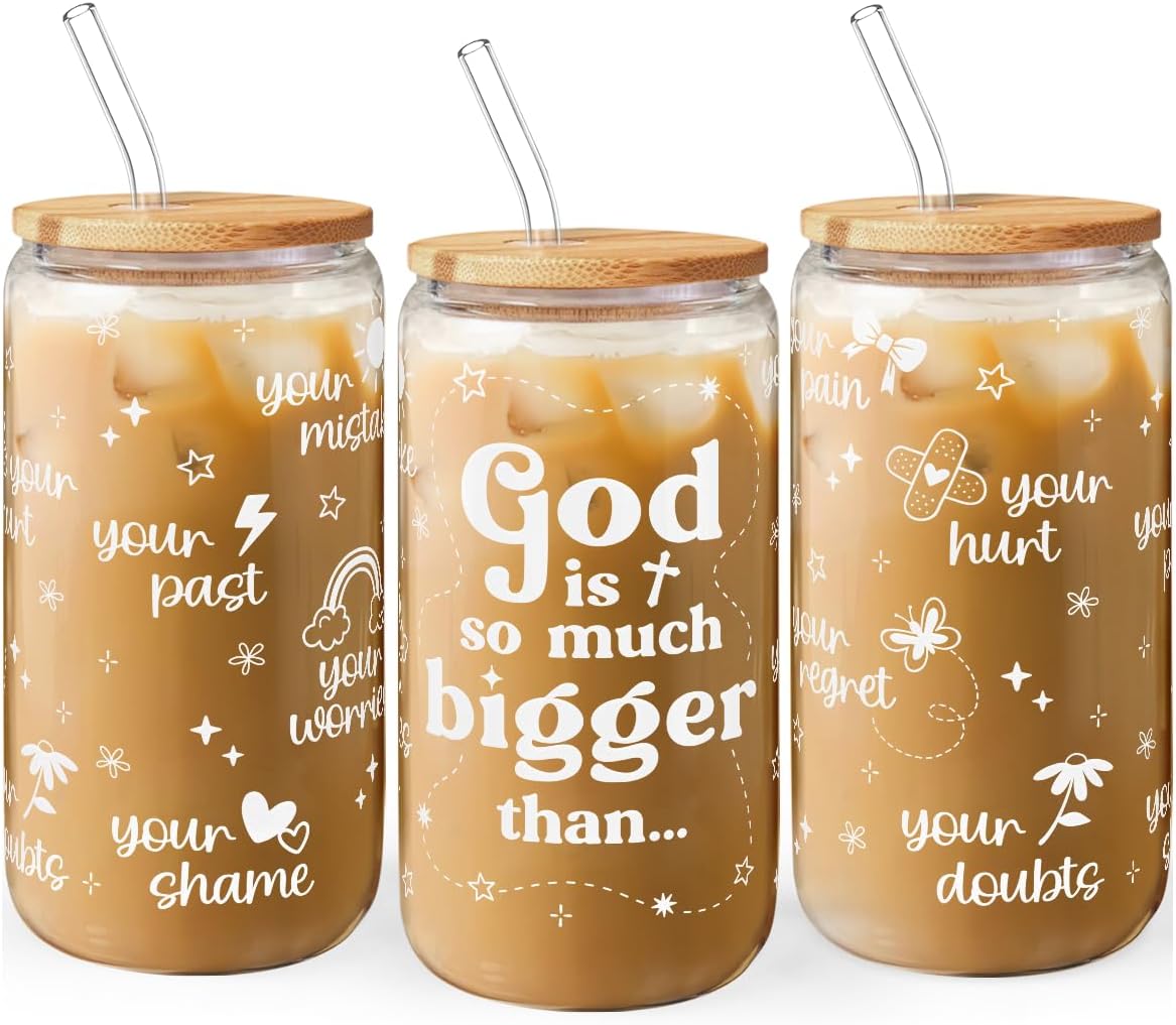 Christian Inspiration16oz Can Glass Tumbler with Bamboo Lid & Straw, Inspirarional Iced Coffee Cup for Women Girls, Religious Gift for Birthday Christmas