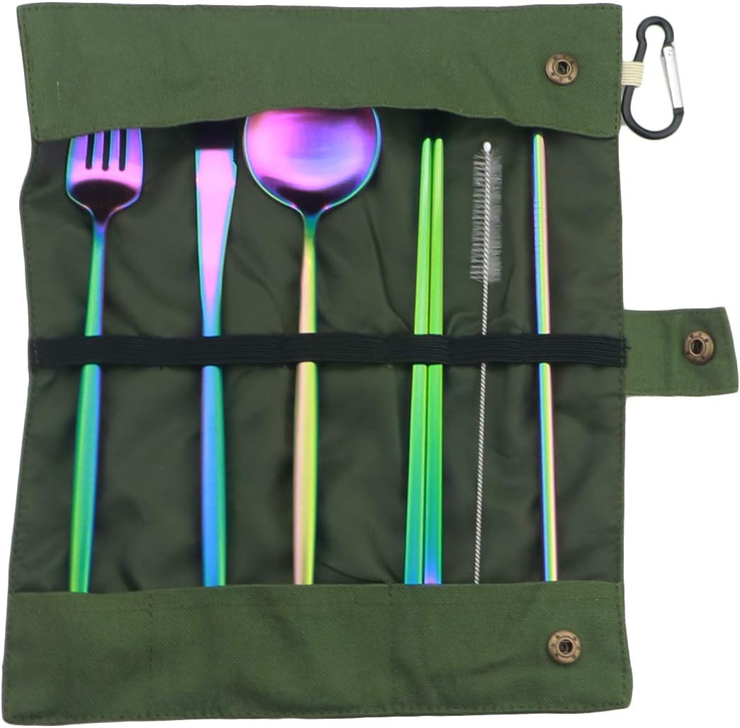 Gugrida Reusable Travel Utensils, 7 Piece Portable 304 Stainless Steel including Knife Fork Spoon Chopsticks Cleaning Brush Straws Portable Pouch, Eco-friendly Camping Silverware Set, Dishwasher Safe