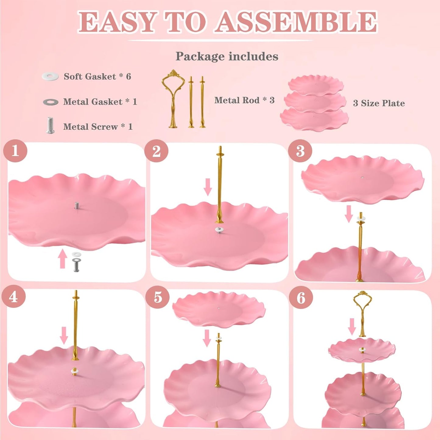 5 Pcs Dessert Table Display Set, Pink Plastic 2 Pcs Round 3 Tier Cupcake Stand Cup Cake Tower Stand with Metal Rod & 3 Pcs Serving Tray for Baby Shower, Tea Party, Wedding, Birthday Party