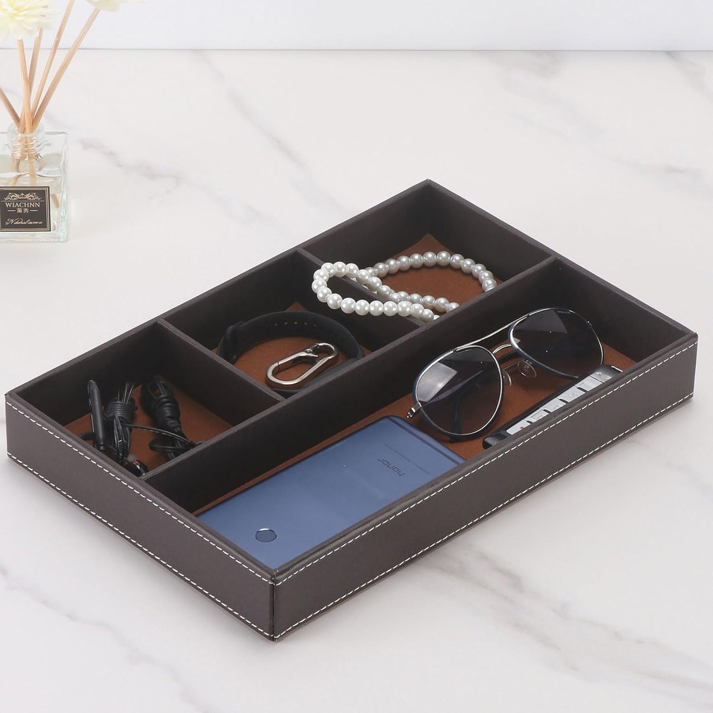 Desktop Storage Organizer, Nightstand or Dresser Organizer, Valet Tray, Entry Table Organizer, Modern bedside Box,PU Leather Drawer Storage Organizer Decorative Trays.