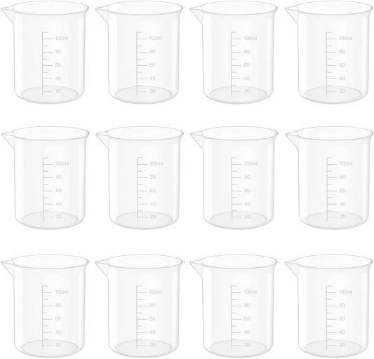 12 Pcs 3.4 Oz Transparent Lab Measuring Cup, 100ml Plastic Beaker Cups, for Science Experiment, Liquid Measuring