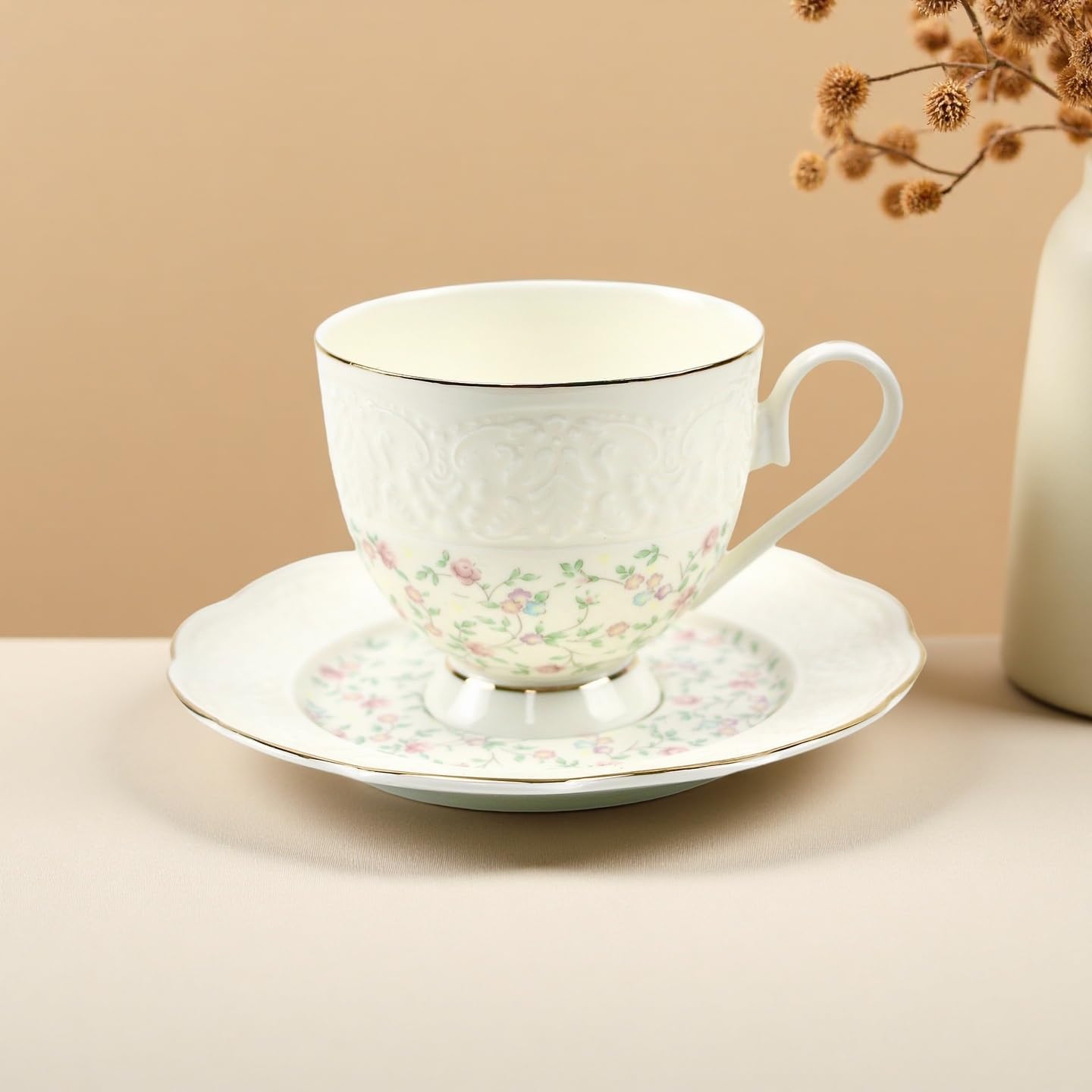 TATSUMI Interglio Embossed Bone China Tea Cup and Saucer Set, 3 Pieces Vintage Style Coffee Cup & Saucer Set For Women Wedding Gift (Starlight Pink, 1 set)