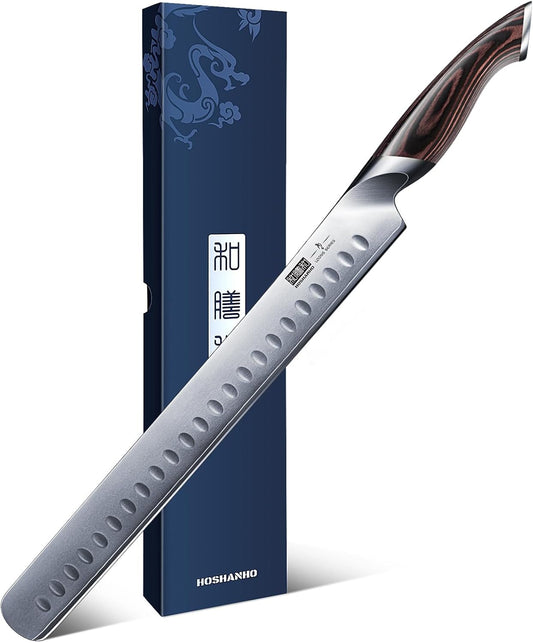 Carving Knife 12 Inch, Japanese High Carbon Steel Slicing Knife with Ergonomic Pakkawood Handle, Razor Sharp Brisket Knives for Meat Cutting, BBQ, Turkey