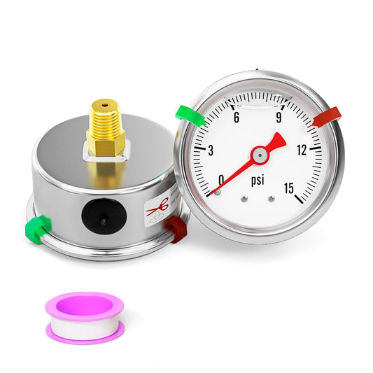 0-15psi Stainless Steel Glycerin Liquid Filled Pressure Gauge 1/8" NPT 1.5" Face Dial, Center Back Mount, for Water, Oil and Air Pressure Testing (with Range Mark Pointer)