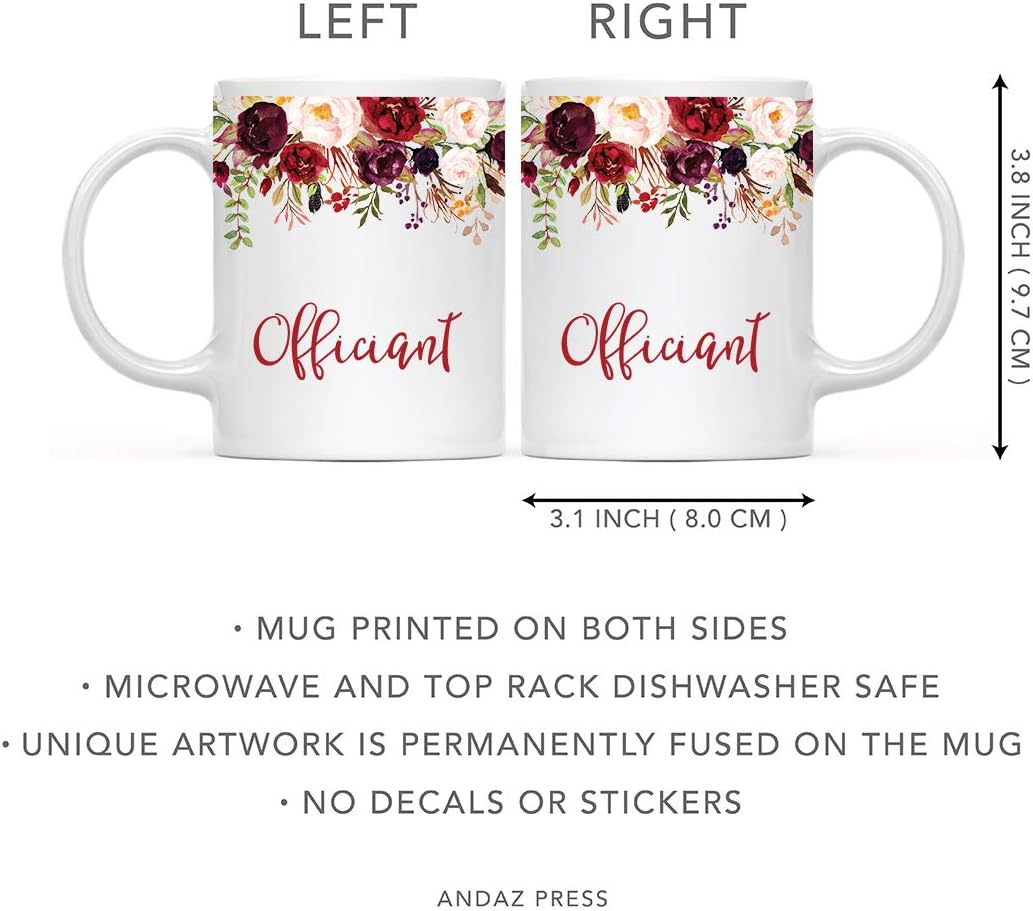 Andaz Press 11oz. Wedding Ceramic Coffee Tea Mug Gift, Fall Autumn Marsala Burgundy Flowers Roses Florals, Officiant, 1-Pack, Includes Gift Box