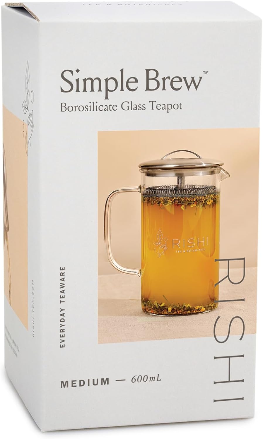 Rishi Tea Simple Brew Teapot - For 20oz Loose Tea Preparation, Built-in Strainer, Everyday Teaware, Easy to Clean, Borosilicate Glass, Enjoy Hot or Iced - 600ml