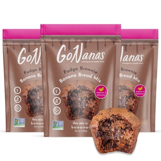 GoNanas Fudge Brownie Oat Flour Banana Bread Mix, Suitable for Plant Based Vegan Diets, Gluten Free Dairy Free Snacks, Healthy Snacks For Adults, Muffin Mix, Nut Free, Cupcakes Dessert, NON-GMO, 3pk
