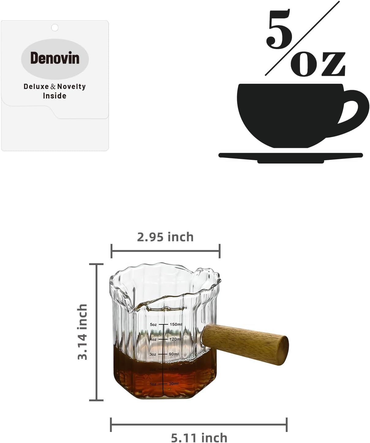 Glass Measuring Cup, 5oz Espresso Shot Glass with Wood Handle, Double Spouts Measuring Triple Pitcher Milk Cup for Coffee Tea (Transparent Ribbed)