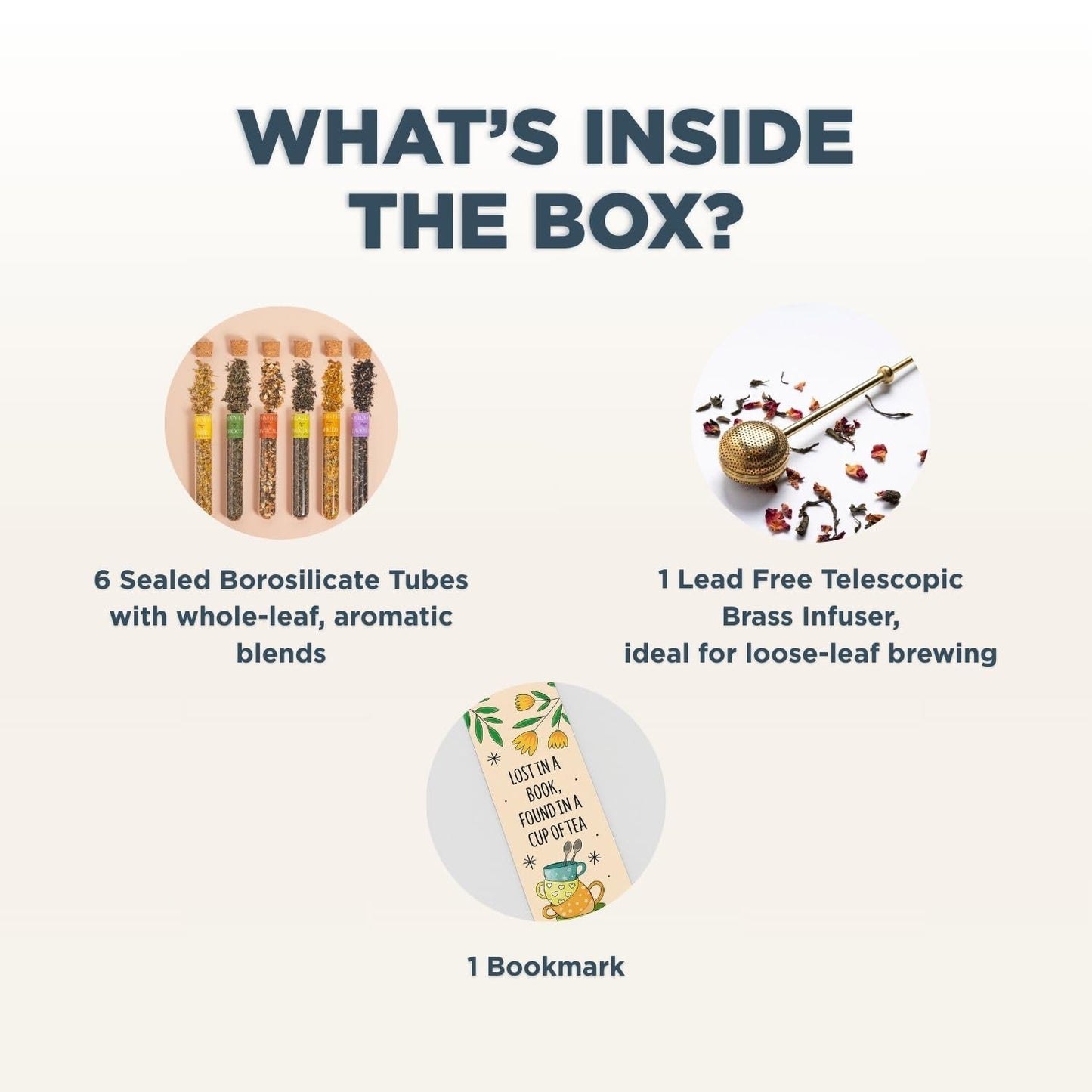 CHAYAM 6 Tube Tea Gift Set | Herbal & Green Loose Leaf Teas in Glass Tubes & a Lead-Free Brass Infuser | Chamomile, Mint, Cinnamon, Turmeric, Lavender & Himalayan Green