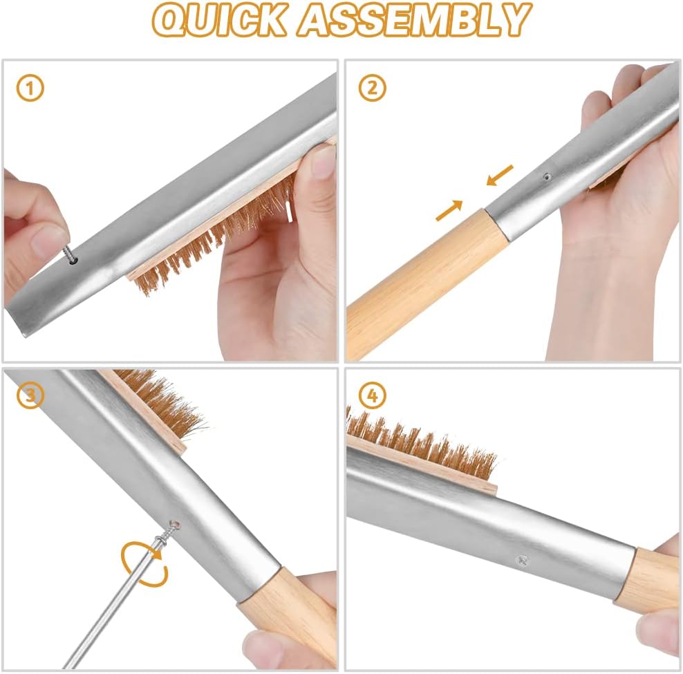 Pizza Oven Brush, 21" Brush and Stainless Steel Scraper for Pizza Stone, BBQ Grill Cleaning Brush Non Scratch Heat Proof Brass Bristles with Screwdriver, Outdoor Pizza Oven and Accessories