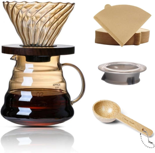 Pour Over Coffee Maker Set 20 oz, 600 ml Borosilicate Glass Coffee Server with Glass Lid, 50 pcs Paper Filter, Walnut Handle Pour Over Coffee Dripper for Home Café Restaurant, Gold