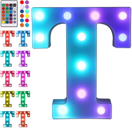 Foaky Colorful LED Letter Lights with Remote,Marquee Light Up Letters Sign for Night Light Wedding/Birthday Party Battery Powered Christmas Lamp Home Bar Decoration(T)