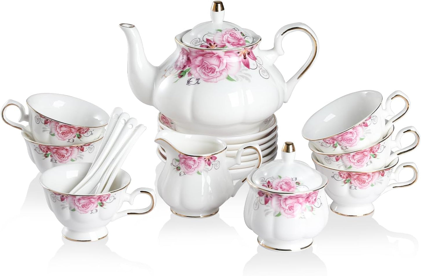 Sweejar Porcelain Tea Sets, Vintage British Floral Relief Gold Rimmed Teapot Cup and Saucer Set, Tea Set Service for 6, with Teapot, Sugar Bowl, Milk Jug, Spoons, Tea Cup and Saucer (Flower)