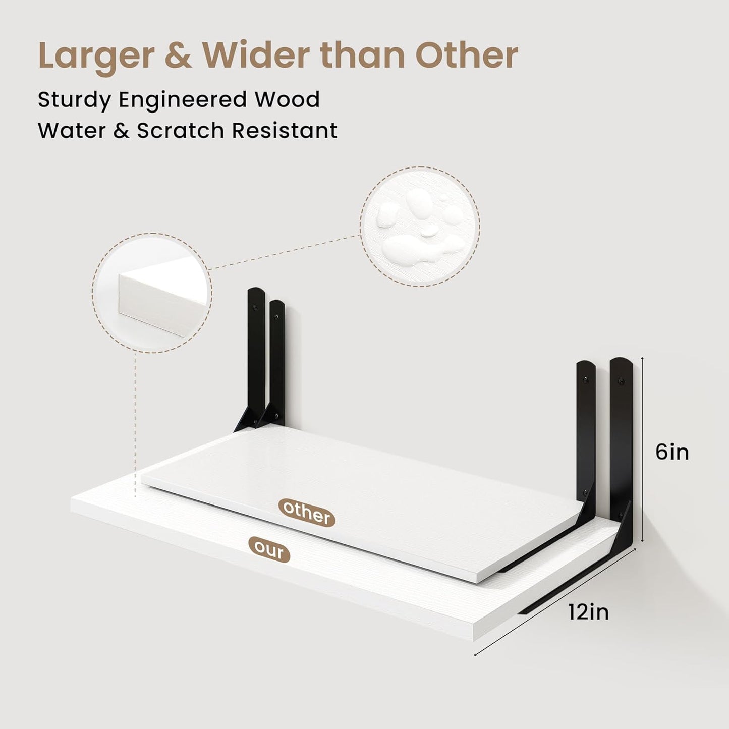 Fun Memories Floating Shelves for Wall, 12 Inch Deep Floating Shelves Set of 2, Wall Mounted Shelf with Metal Brackets, Rustic Wood Wide Shelf for Bathroom, Kitchen and Living Room, White, 36W x 12D