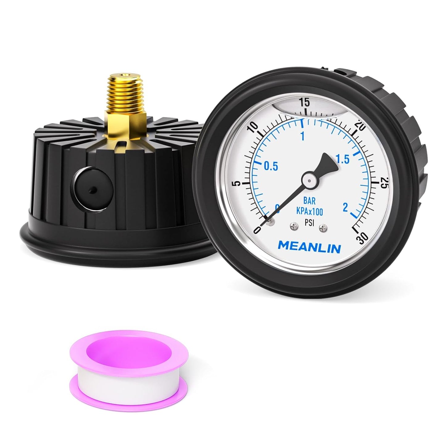 MEANLIN MEASURE 0~30Psi Stainless Steel Liquid Filled Pressure Gauge 1/4" NPT 2.5" FACE DIAL with Rubber Protective Sleeve, Center Back Mount