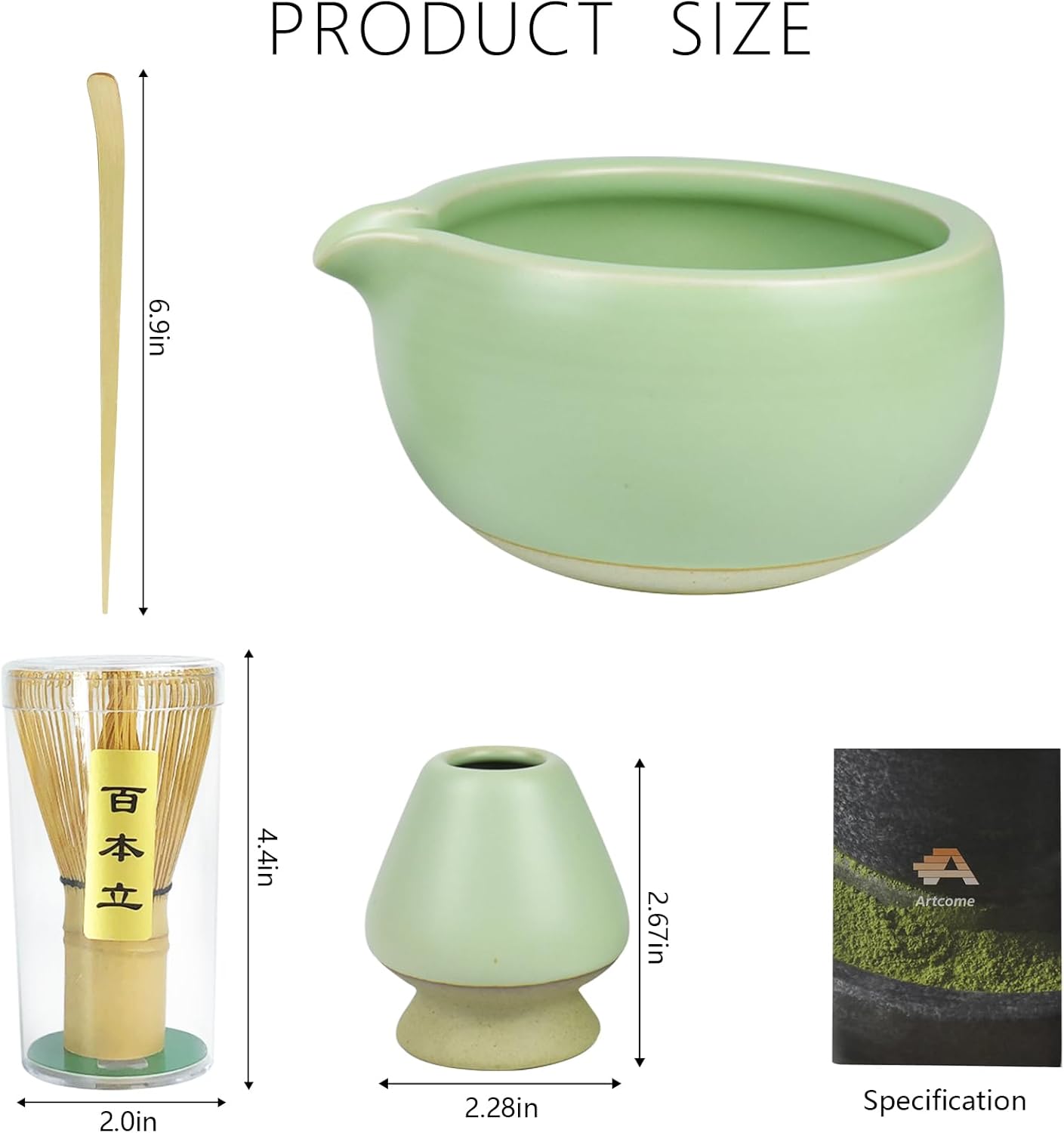Artcome 4 Pcs Complete Matcha Ceremony Kit - Japanese Bowl With Pouring Spout, Whisk, Holder, Scoop - Tea Set for Making Usucha, Koicha and Latte (Green)