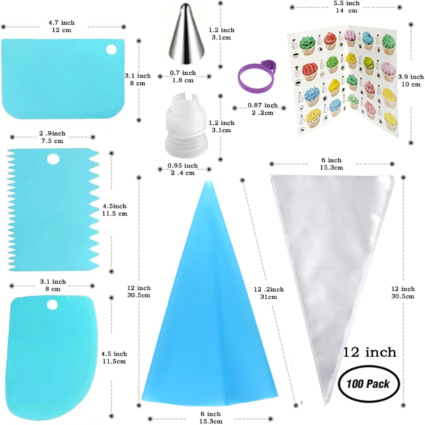 Piping Bags and Tips Set, 100PCS 12 Inch Disposable Pastry Bags with Tips Cupcake Frosting Piping Kit Cookie Decorating Supplies, Royal Icing Bags and Tips Set for Cake Decorating Baking Tools