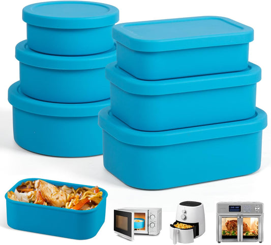 Nesting 100% Silicone Food Storage Containers with Lid & Measuring Line, 6 Pack, Leakproof Stackable Hard-Shell Silicone Containers for Food Lunch Snack, Microwave Oven Freezer Dishwasher Safe, Blue