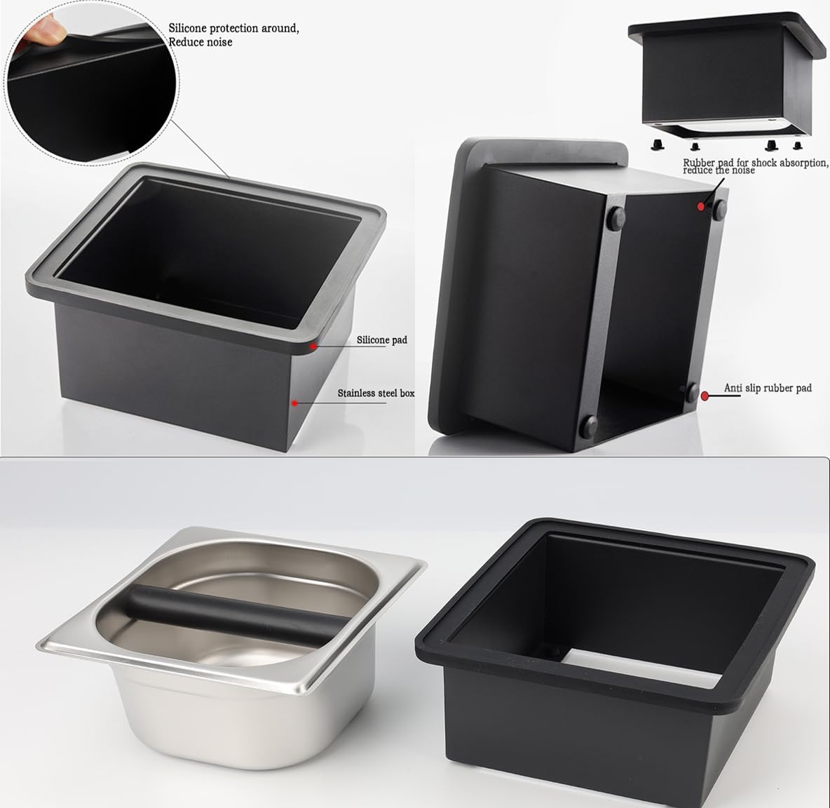 Coffee Knock Box, Stainless Steel Coffee Espresso Knock Box Coffee Grounds Bin with Noise Reduction Rubber Ring, Barista Espresso Machine Accessories