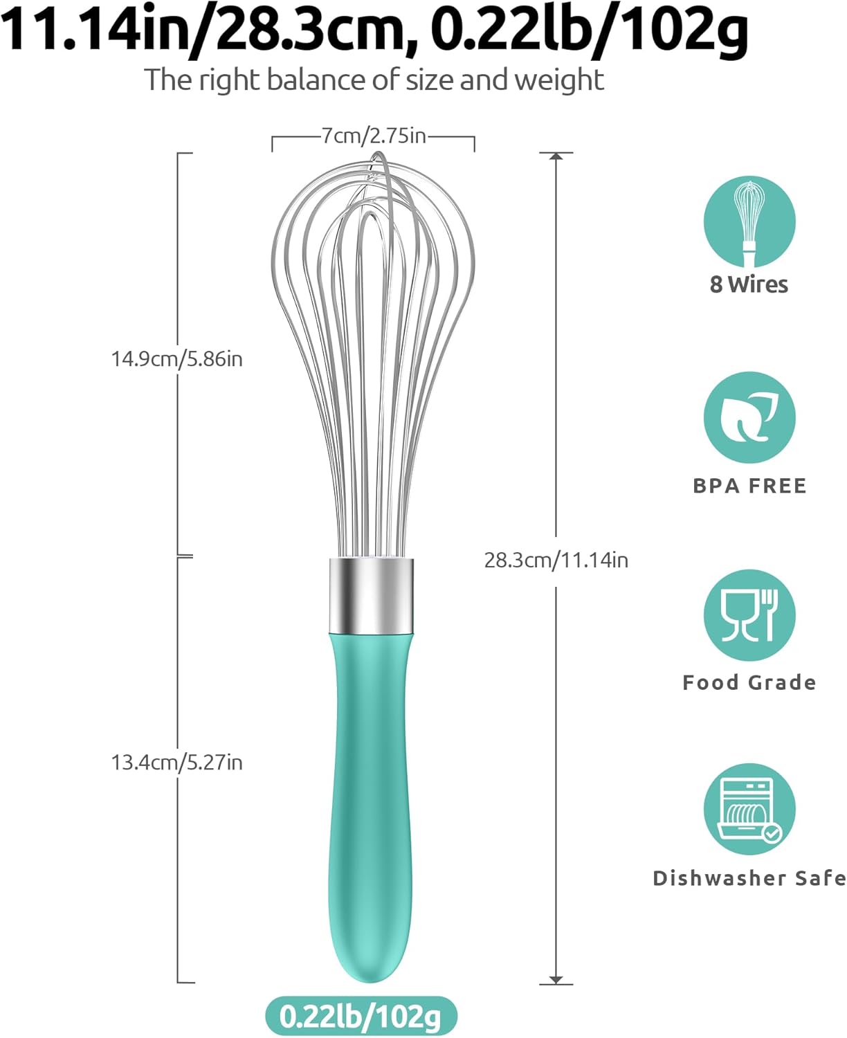 U-Taste Balloon Whisk for Cooking: 18/10 Stainless Steel Kitchen Wire Whisk, Medium Heavy Duty Egg Beater, Manual Baking Mixing Tool with 8 High Flex Wires for Stirring, Blending Sauce (Aqua Sky)
