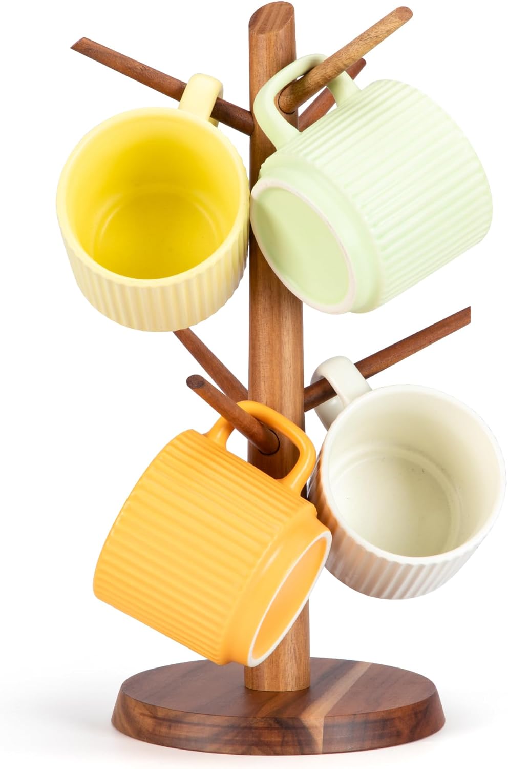 Acacia Wood Mug Holder Tree, 6 Hooks Wooden Mug Organizer for Kitchen Counter & Coffee Bar, Easy to Assemble, Natural Wood Color, Ideal for Small to Medium Mugs