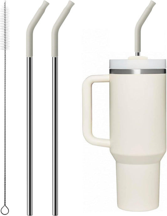 Metal Straw with Silicone Tip for 30oz Stanley Cup, 2 Pcs Stainless Steel Straws Replacement for Stanley 30 oz Adventure Quencher Travel Tumbler Cup, 1 Straw Brush (Cream Grey)
