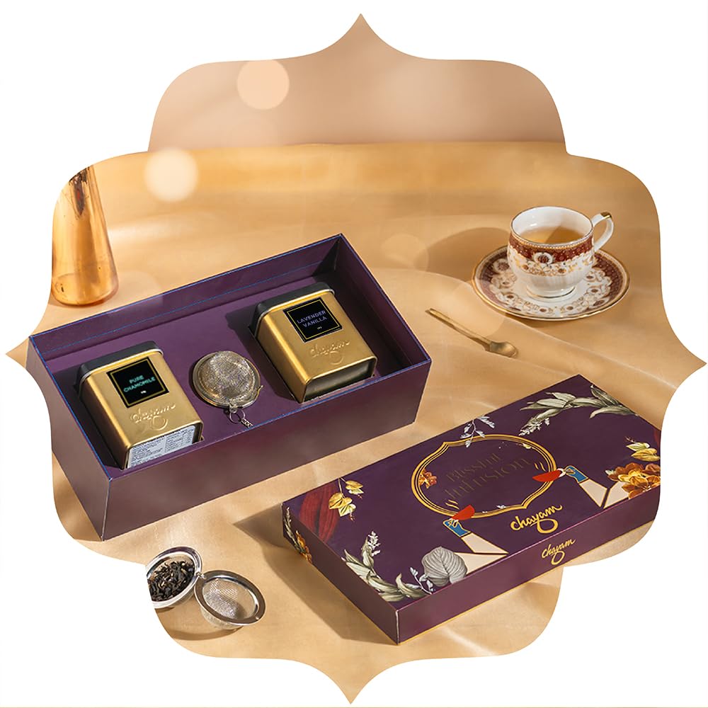 CHAYAM Blissful Infusion – Lavender Vanilla (1.76oz) & Pure Chamomile (1.1oz) Wellness Tea Gift Set + Infuser Loose Leaf Black & Herbal Tea Tin Caddies | For Better Sleep & Relaxation