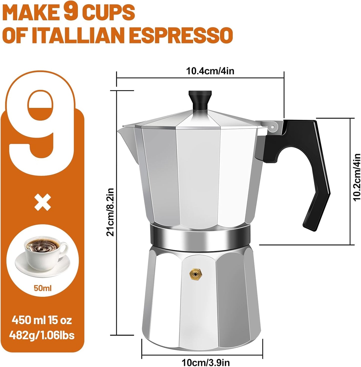 9 Cup Aluminum Espresso Stovetop Moka Pot Express Coffee Maker Percolator Italian Classic Mocha Coffee Machine for Italian and Cuban Cafe Brewing for Home & Camping 450ml 15oz