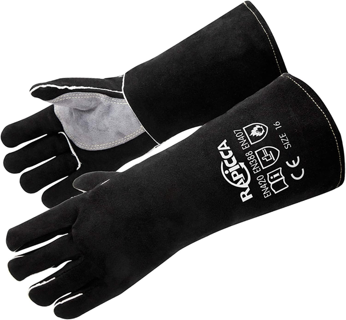 RAPICCA Fireplace Gloves Fire Heat Resistant: Black 14IN - Fireproof Leather for Fireplace Fire Pit Wood Stove Campfire Furnace BBQ Grill Oven Stick Mig Welding Welder Gear - Birthday Gift for men