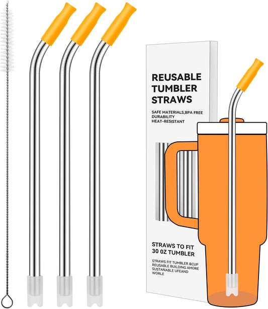 Reusable Stainless Steel Straws with Silicone Tip for Stanley 30oz, Metal Drinking Straws for 30oz Tumbler,3 Bent Tubes & 6 Tips& 1 Cleanr Brush (Goldenrod)