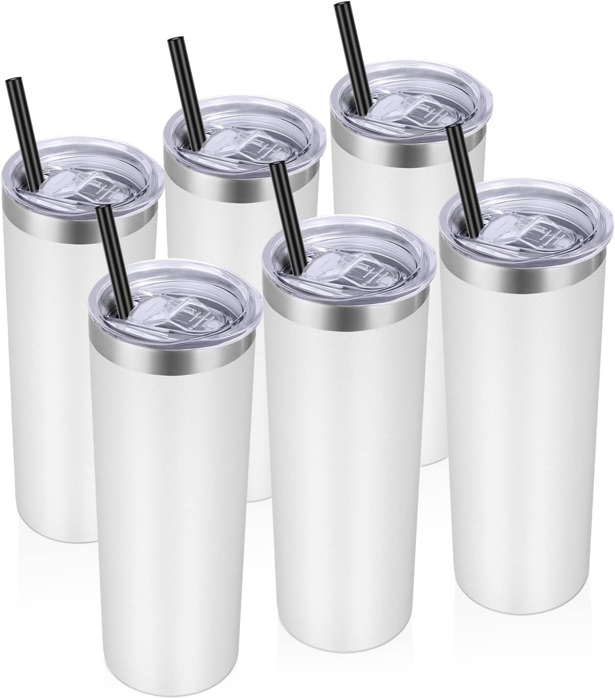 VEGOND Stainless Steel Tumblers Bulk 6 Pack, 20 oz Vacuum Insulated Skinny Tumblers with Lid and Straw, Double Wall Coffee Mug, Travel Water Cup, White