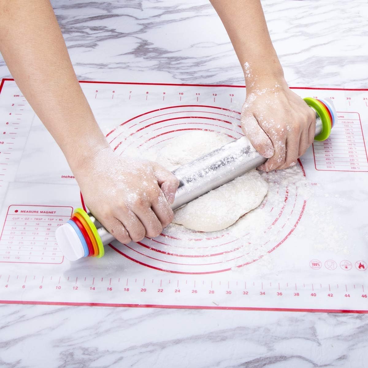 Rolling Pin and Pastry Baking Mat Set, Rolling Pins with Adjustable Thickness Rings, Stainless Steel Dough Roller for Baking Fondant, Pizza, Pie, Pastry, Pasta, Cookies (Red Mat)