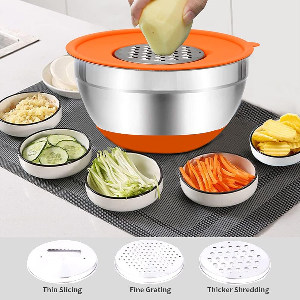 Mixing Bowls with Airtight Lids, 20PCS Stainless Steel Mixing Bowls Set, Nesting Bowls with 3 Grater Attachments & Non-Slip Bottoms, Size7, 4, 3, 2, 1.5, 1QT Bowls for Baking&Prepping