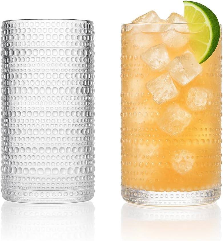 LEMONSODA Hobnail Highball Glasses Set of 2 – Vintage Clear Drinking Glass Cups 15oz – Textured Tall Retro Glassware Tumblers for Water, Iced Coffee, Cocktails, Soda, Juice (Highball 15oz, Set of 2)