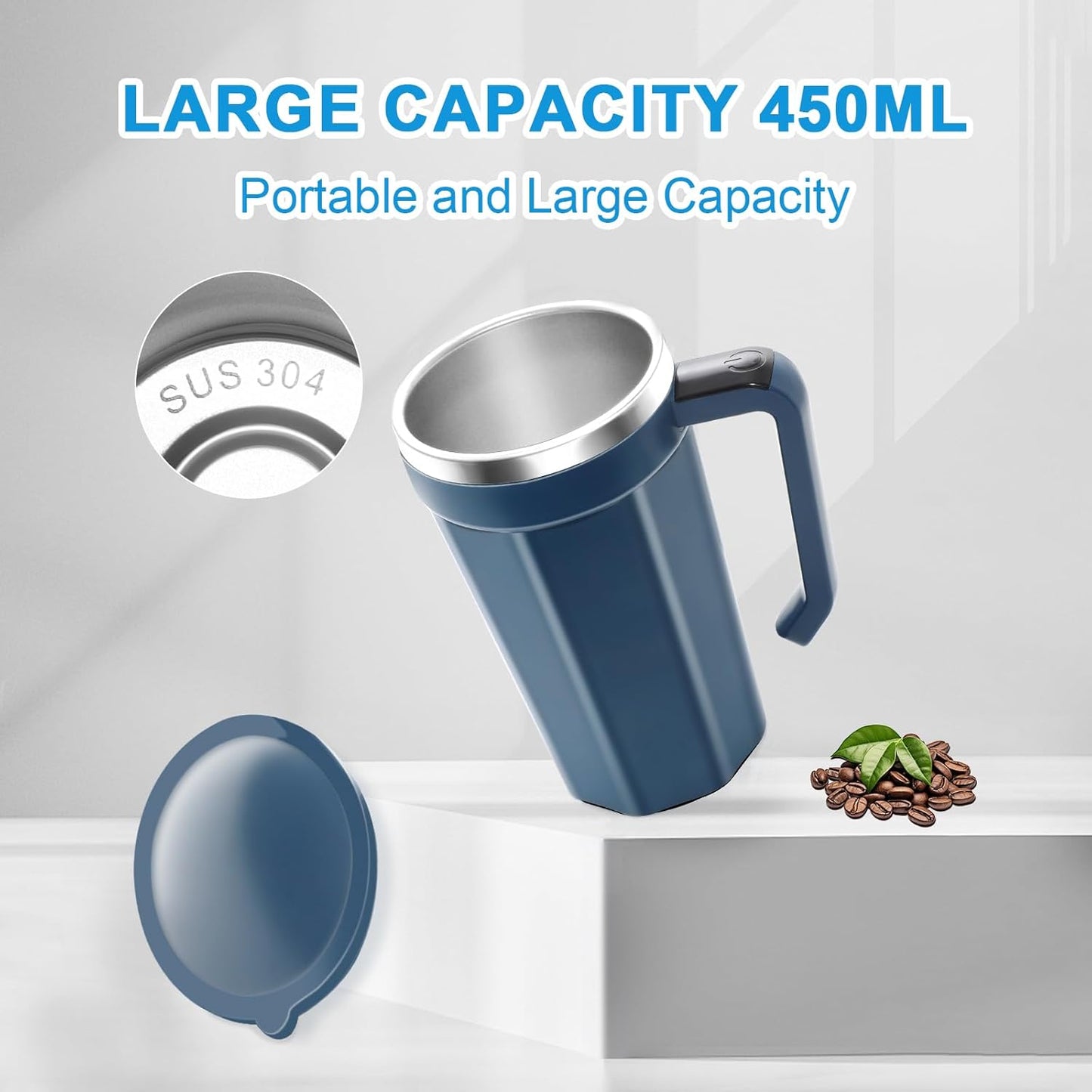 Self Stirring Coffee Mug with Temperature Display, 15oz Automatic Magnetic Mixing Cup, Rechargeable Travel Mug for Coffee, Milk, Cocoa - (Deep Blue)