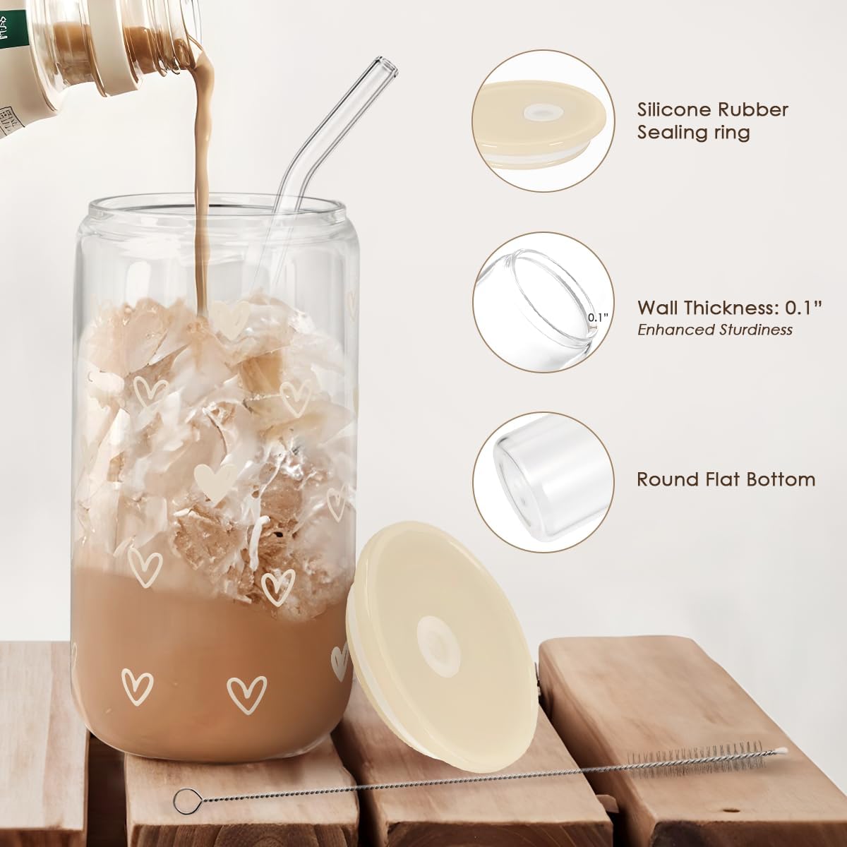 Heart 16oz Can Glass Tumbler with Acrylic Lid & Straw, Iced Coffee Cup for Women, Aesthetic Cups Gifts for Birthday Christmas Valentine