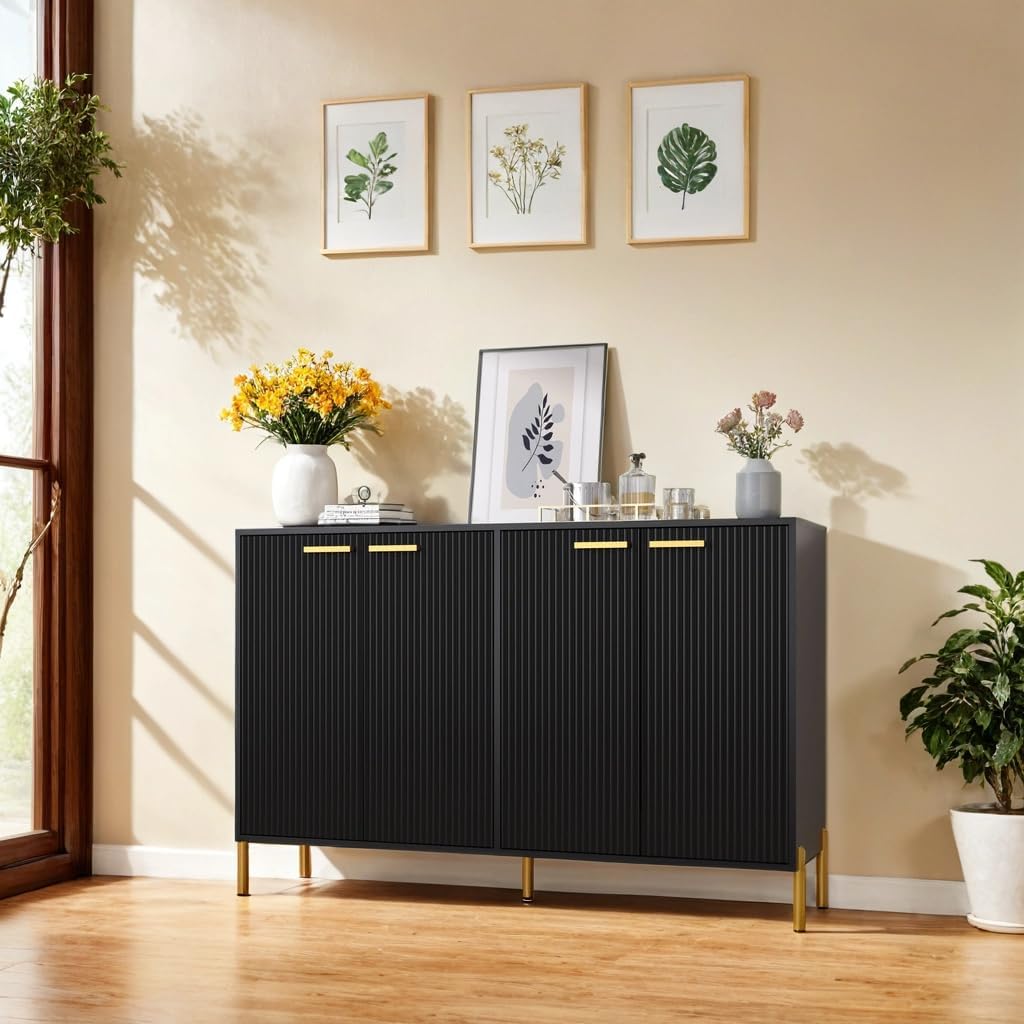 Black Fluted Sideboard Cabinet - Luxury Buffet Table with 4 Doors, Large Coffee Bar Station for Living Room, Kitchen, Hallway, Entryway Storage