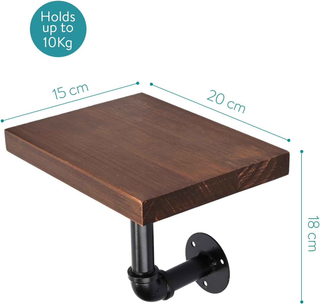 Navaris Industrial Pipe Shelf Set - 3 Small Wooden Shelves with Black Pipe Brackets - 5.9" x 7.9" Wall-Mounted Wood Shelving - Size S, Dark Brown