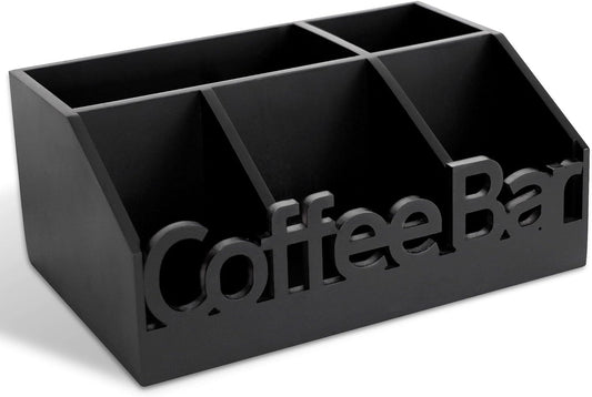 Coffee Bar Organizer for Countertop – Wooden Coffee and Tea Station Caddy with Tray for Pods, Cups, Condiments, and Accessories – Kitchen or Office Counter Storage (Medium Size -Black)