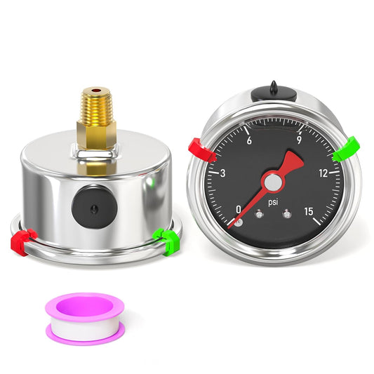 0-15PSI Stainless Steel Glycerin Filled Pressure Gauge 1.5" Black Dial Size, 1/8" NPT Back Mount, for Tube, Water Pump, Gas, Liquid, Pressure Test (with Range Mark Pointer)