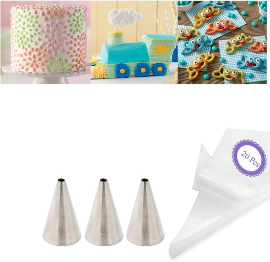 #5 Piping Tip and Bag Set – 3 Round Decorating Tips & 20 Disposable 8" Bags for Dots, Bead Borders, Writing & Designs