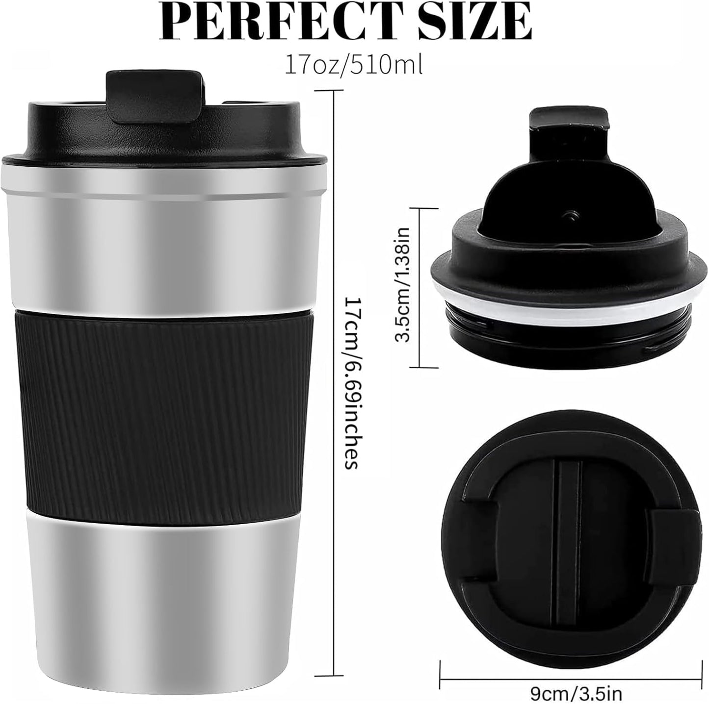 YINBAOGE Insulated Travel Coffee Mug Spill Proof Leak Proof Pobtable To Go Camping Stainless Steel Coffee Tumbler Reusable Coffee Cups with Lids Thermos for Hot and Cold Drink (Silver black, 17 OZ)
