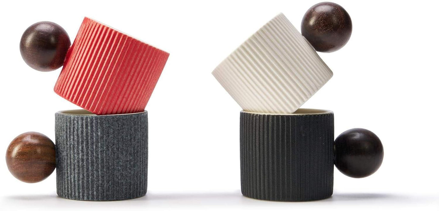 Ceramic Mini Espresso Cups Demitasse Cups with Round Wooden Handle Vertical Stripes Tea Cups (Black/White, 4pcs)