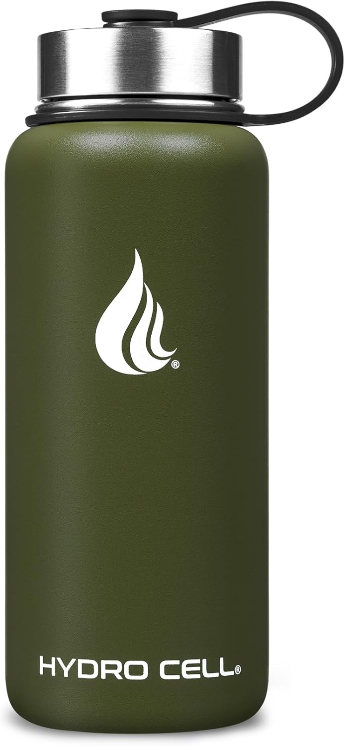 HYDRO CELL Stainless Steel Insulated Water Bottle with Straw - For Cold & Hot Drinks - Metal Vacuum Flask with Screw Cap and Modern Leakproof Sport Thermos for Adults (Army 32oz)